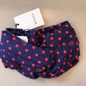 Authentic and New Gucci Navy Headband with Red Polka Dots and Interlocking GG